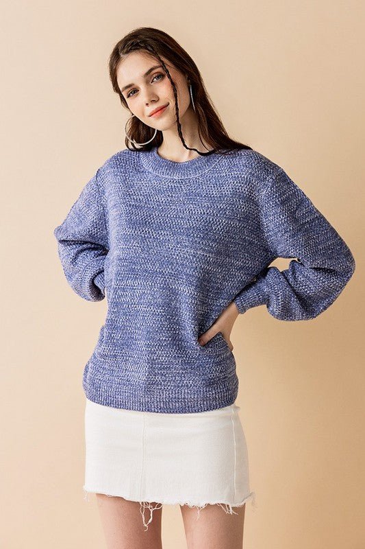 Plus Round Neck Balloon Sleeve Heathered Sweater - Bitsy Gypsy Boutique