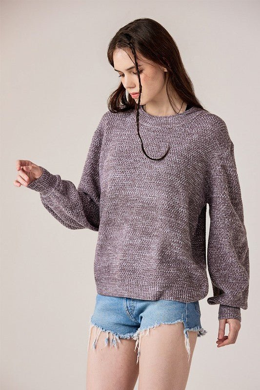 Plus Round Neck Balloon Sleeve Heathered Sweater - Bitsy Gypsy Boutique