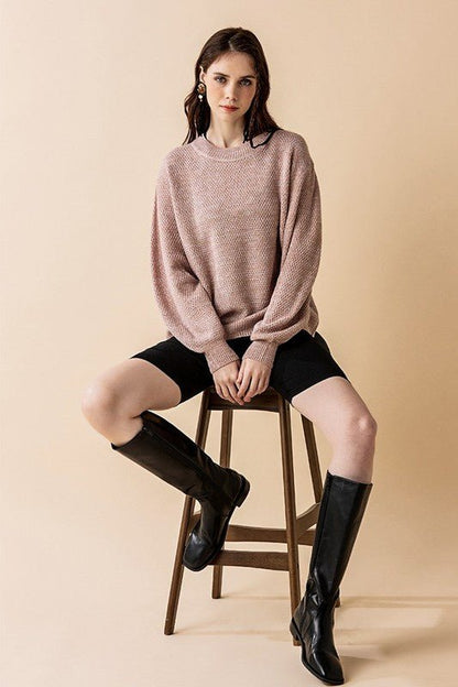 Plus Round Neck Balloon Sleeve Heathered Sweater - Bitsy Gypsy Boutique