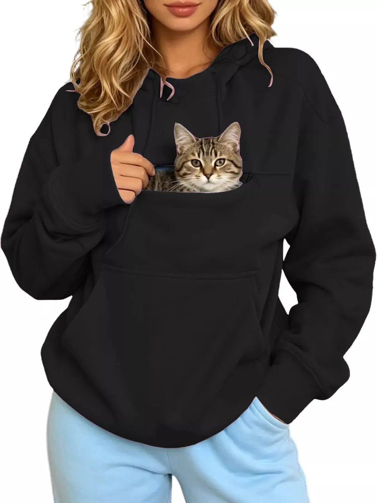 Plus Size Black Cat Pouch Drawstring Hoodie - Bitsy Gypsy Boutique