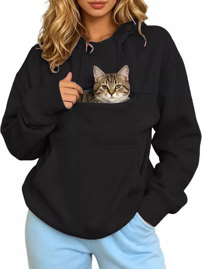 Plus Size Black Cat Pouch Drawstring Hoodie - Bitsy Gypsy Boutique