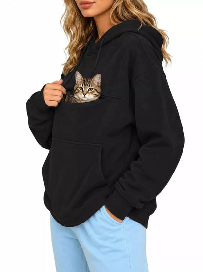 Plus Size Black Cat Pouch Drawstring Hoodie - Bitsy Gypsy Boutique