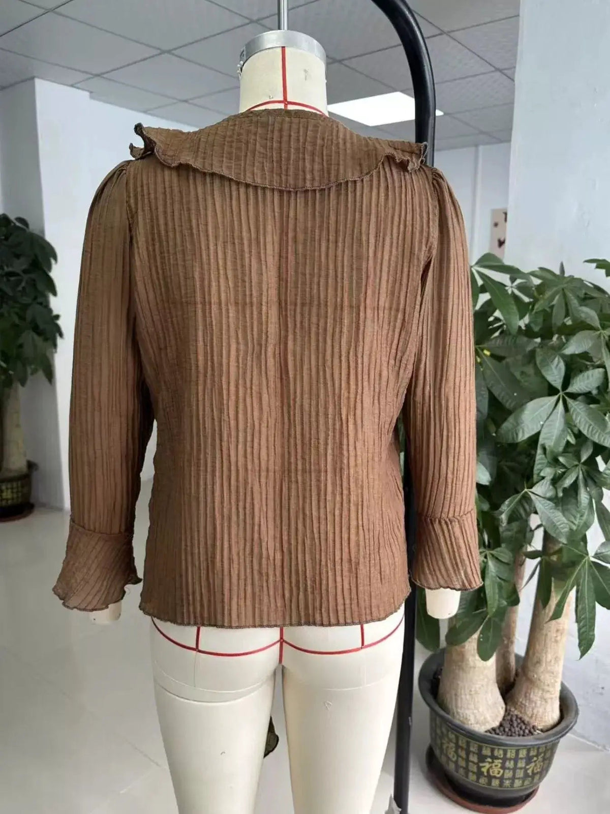 Plus Size Brown Ruffled Tie Neck Long Sleeve Blouse - Bitsy Gypsy Boutique