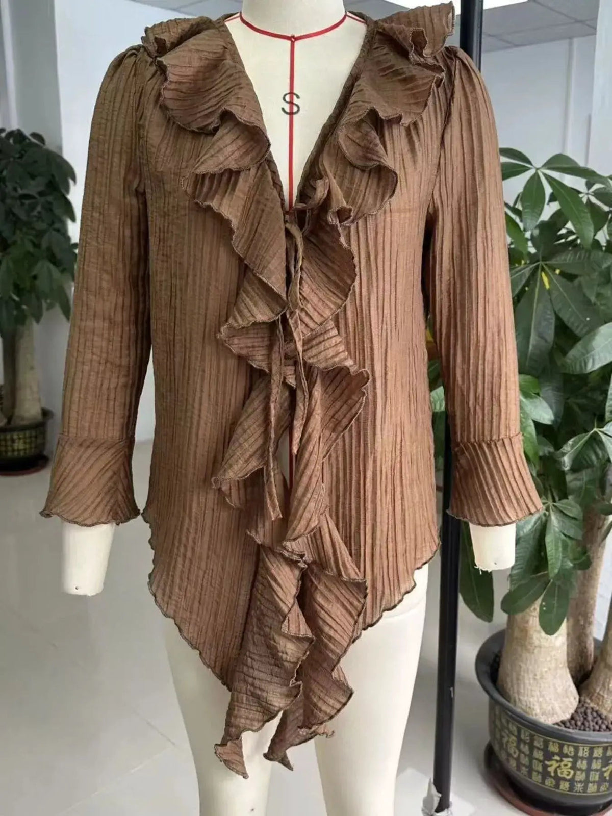 Plus Size Brown Ruffled Tie Neck Long Sleeve Blouse - Bitsy Gypsy Boutique