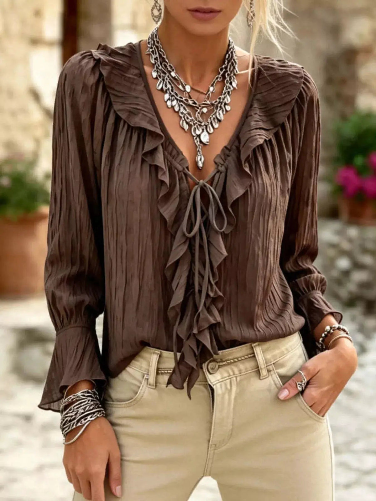 Plus Size Brown Ruffled Tie Neck Long Sleeve Blouse - Bitsy Gypsy Boutique