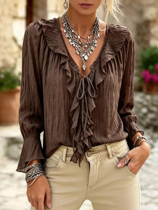 Plus Size Brown Ruffled Tie Neck Long Sleeve Blouse - Bitsy Gypsy Boutique