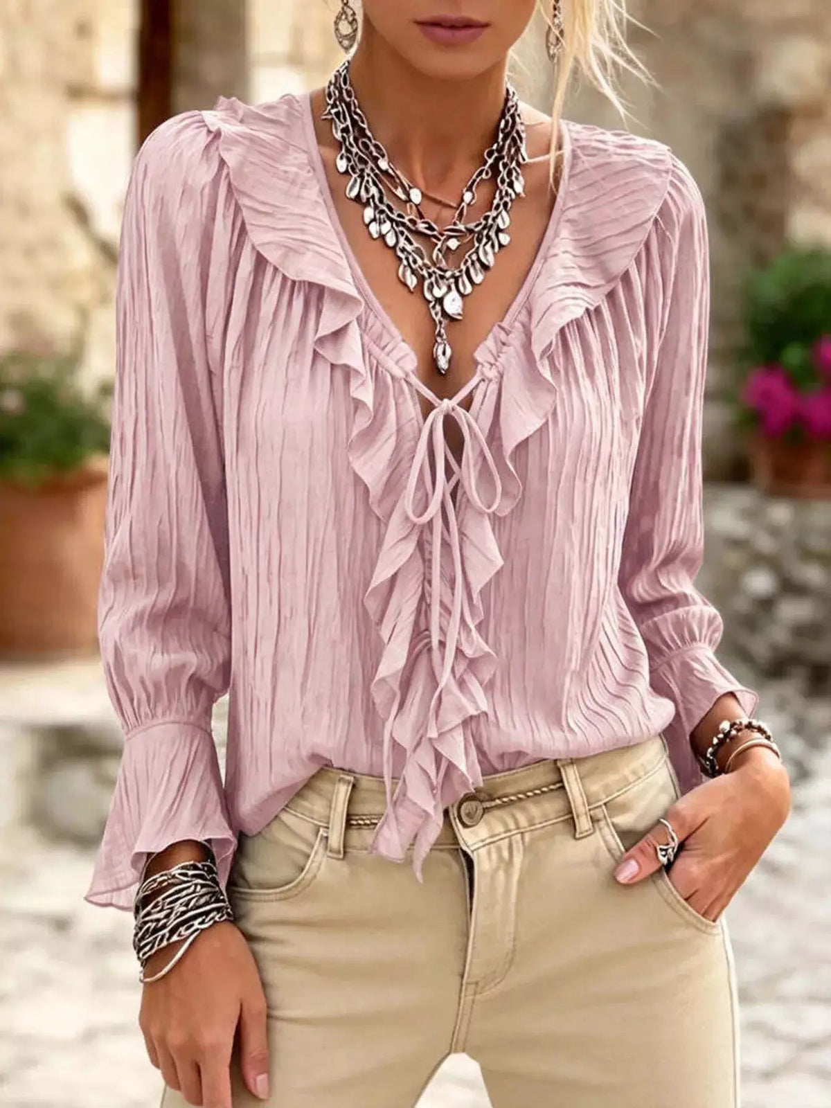 Plus Size Brown Ruffled Tie Neck Long Sleeve Blouse - Bitsy Gypsy Boutique