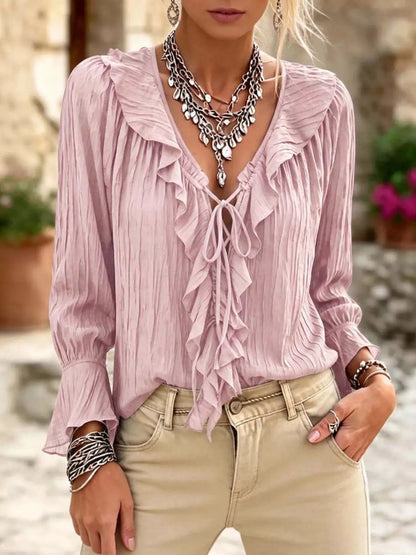 Plus Size Brown Ruffled Tie Neck Long Sleeve Blouse - Bitsy Gypsy Boutique