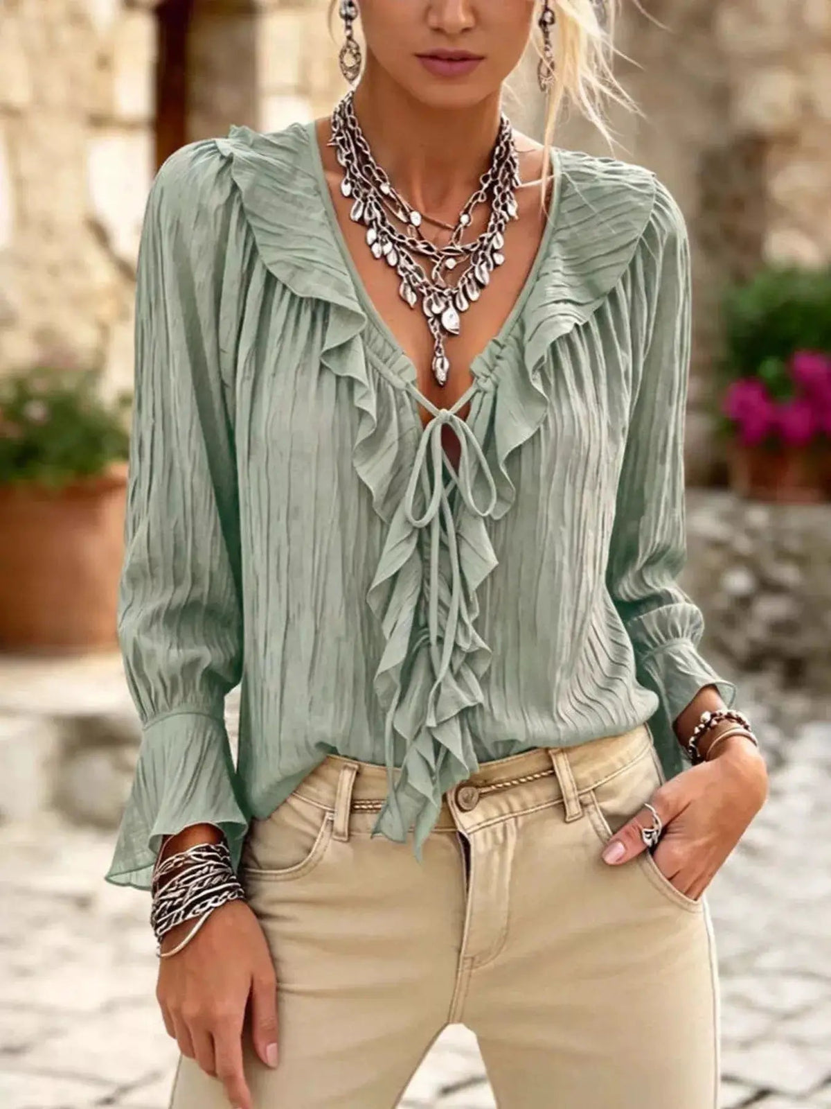 Plus Size Brown Ruffled Tie Neck Long Sleeve Blouse - Bitsy Gypsy Boutique