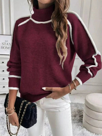 Plus Size Contrast Trim Ribbed Hem Turtleneck Sweater - Bitsy Gypsy Boutique