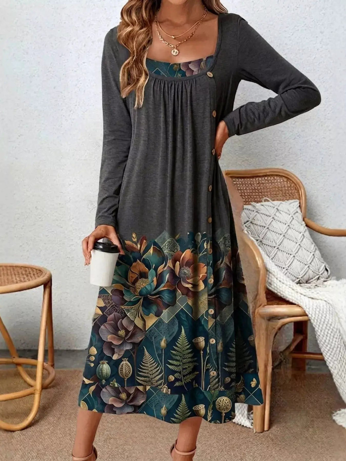 Plus Size Floral Button Front Long Sleeve Midi Dress - Bitsy Gypsy Boutique