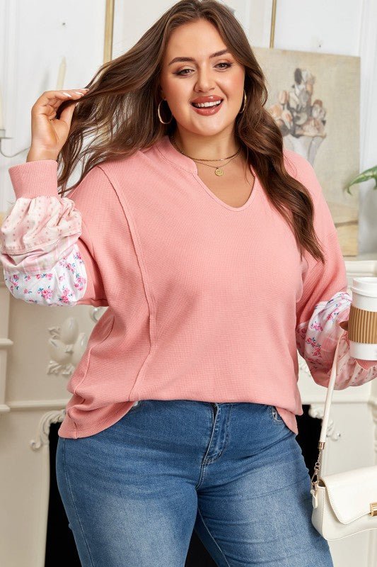 Plus Size Floral Patchwork Sleeve Waffle Knit Top - Bitsy Gypsy Boutique