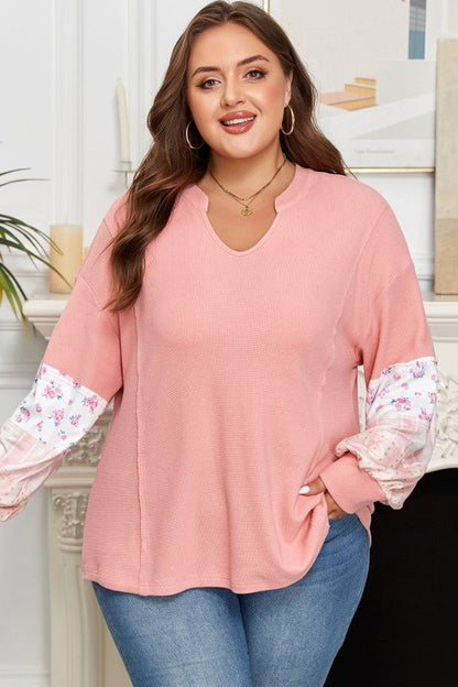 Plus Size Floral Patchwork Sleeve Waffle Knit Top - Bitsy Gypsy Boutique