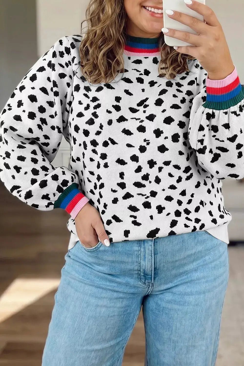 Plus Size Leopard Print Colorblock Round Neck Long Sleeve Tunic Sweater - Bitsy Gypsy Boutique