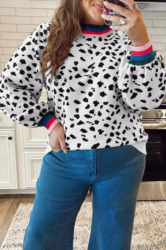 Plus Size Leopard Print Colorblock Round Neck Long Sleeve Tunic Sweater - Bitsy Gypsy Boutique