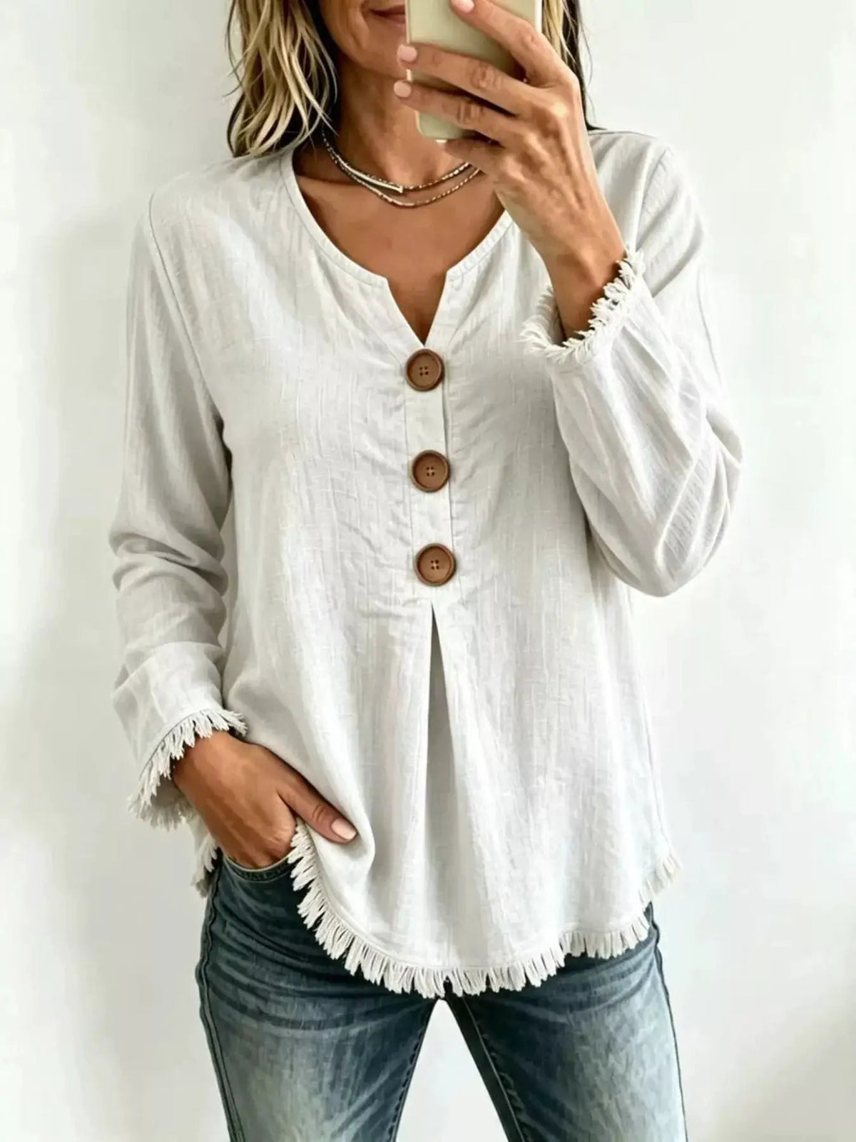 Plus Size Pink Button Front Frayed Hem Blouse - Bitsy Gypsy Boutique