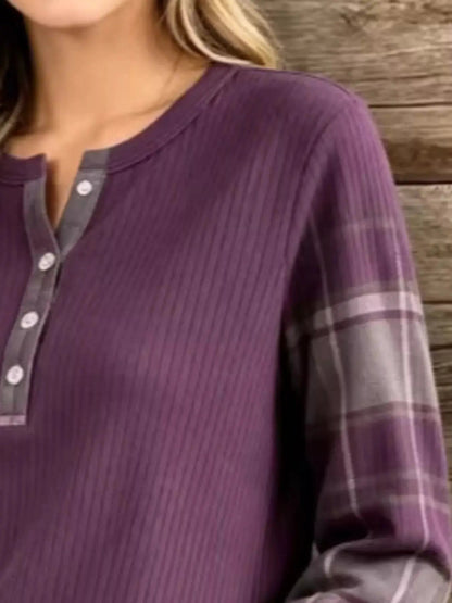 Plus Size Purple Ribbed Knit Henley With Plaid Sleeves - Bitsy Gypsy Boutique