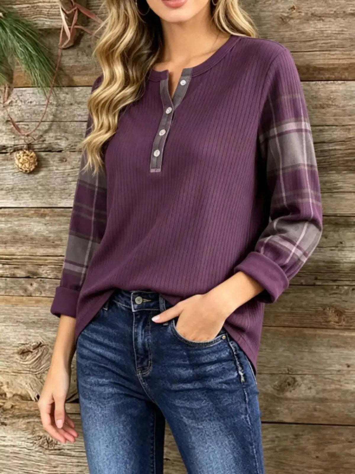 Plus Size Purple Ribbed Knit Henley With Plaid Sleeves - Bitsy Gypsy Boutique