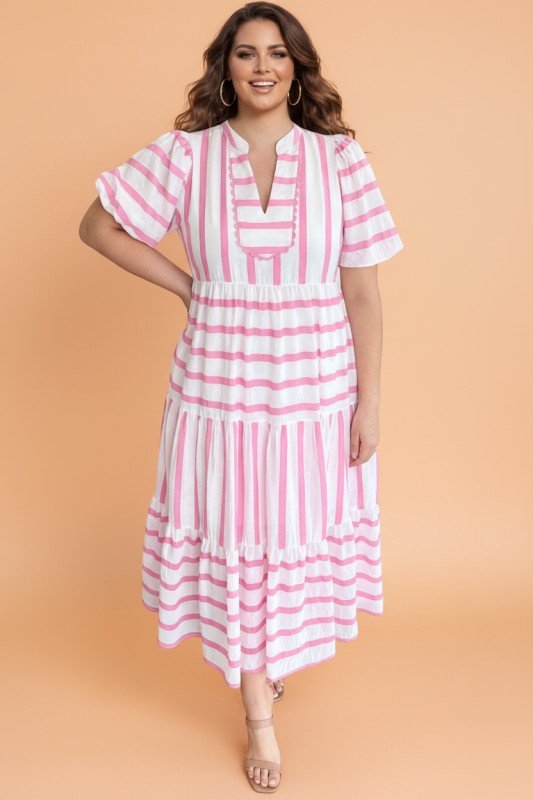 Plus Size Stripe V - Neck Tiered Maxi Dress - Bitsy Gypsy Boutique