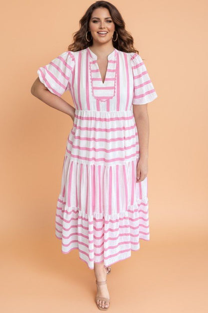 Plus Size Stripe V - Neck Tiered Maxi Dress - Bitsy Gypsy Boutique