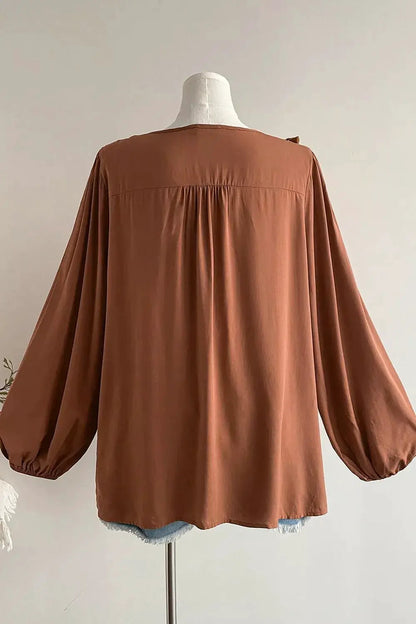Plus Size V Neck Embroidered Tassel Long Sleeve Blouse by Trendsi