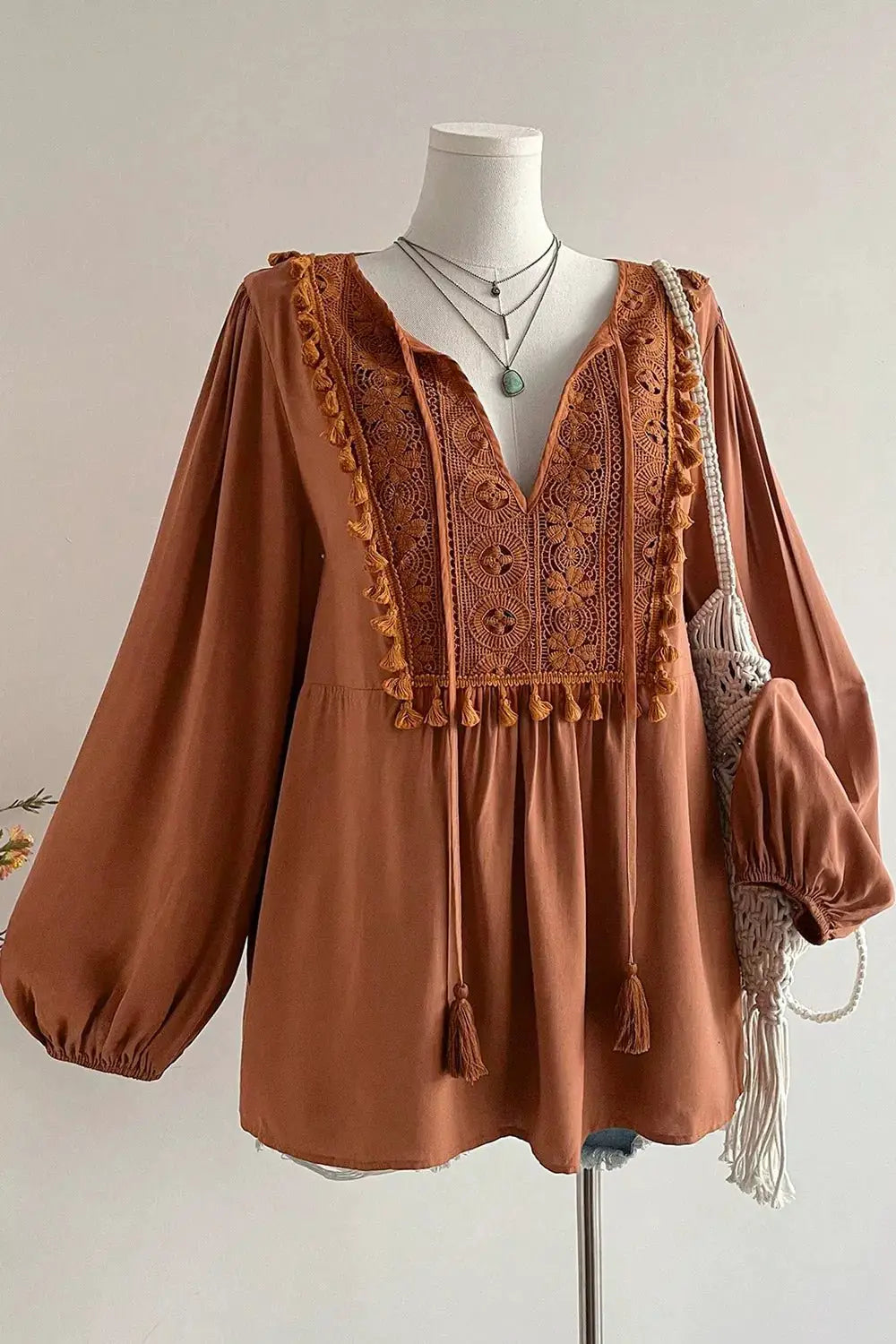 Plus Size V Neck Embroidered Tassel Long Sleeve Blouse by Trendsi
