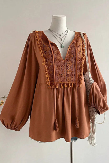 Plus Size V Neck Embroidered Tassel Long Sleeve Blouse by Trendsi