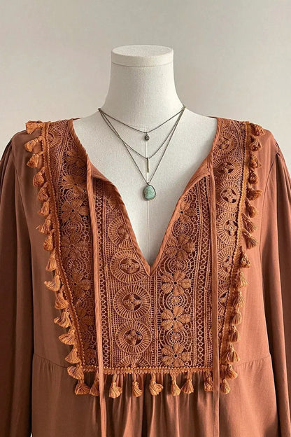Plus Size V Neck Embroidered Tassel Long Sleeve Blouse by Trendsi