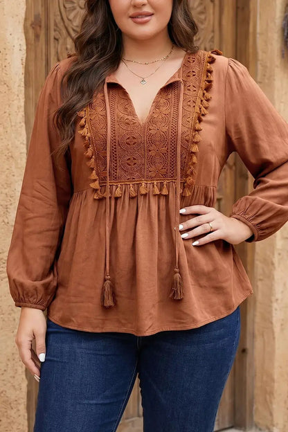 Plus Size V Neck Embroidered Tassel Long Sleeve Blouse by Trendsi