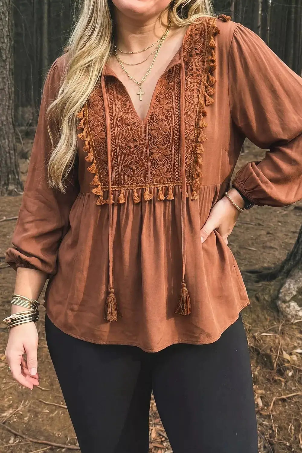 Plus Size V Neck Embroidered Tassel Long Sleeve Blouse by Trendsi