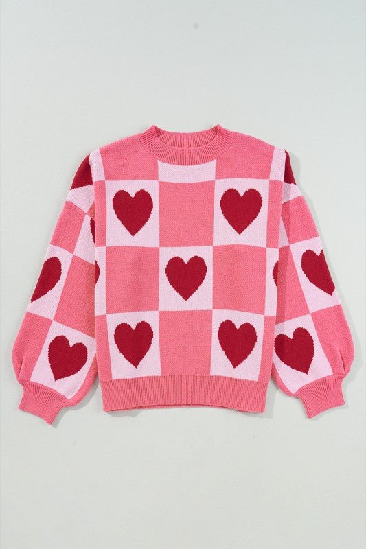 Plus Size Valentine Heart Checker Mock Neck Sweate - Bitsy Gypsy Boutique