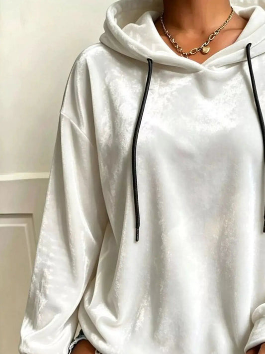 Plus Size White Velvet Drawstring Drop Shoulder Hoodie - Bitsy Gypsy Boutique