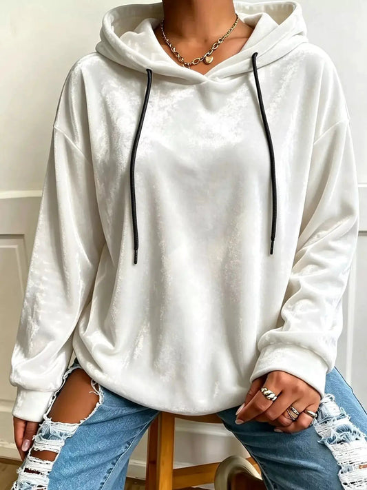 Plus Size White Velvet Drawstring Drop Shoulder Hoodie - Bitsy Gypsy Boutique