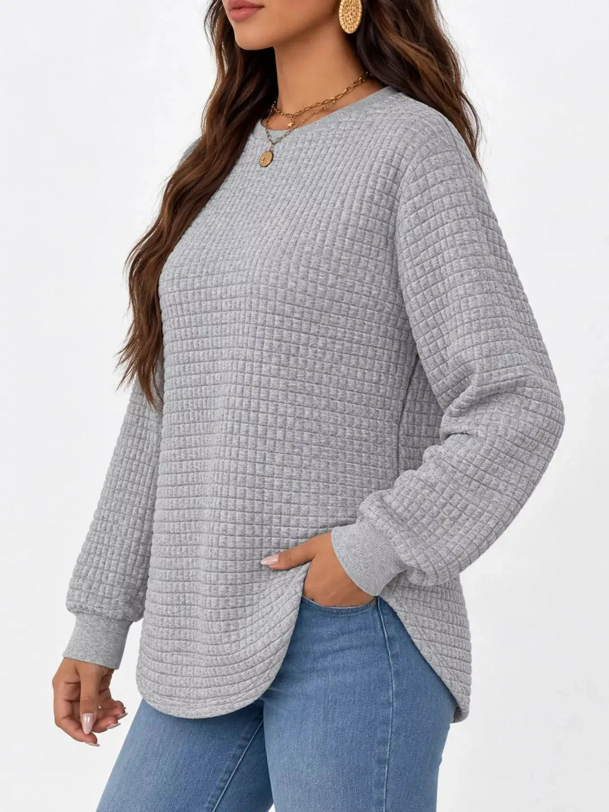 Plus Size White Waffle Knit Crew Neck Sweatshirt - Bitsy Gypsy Boutique