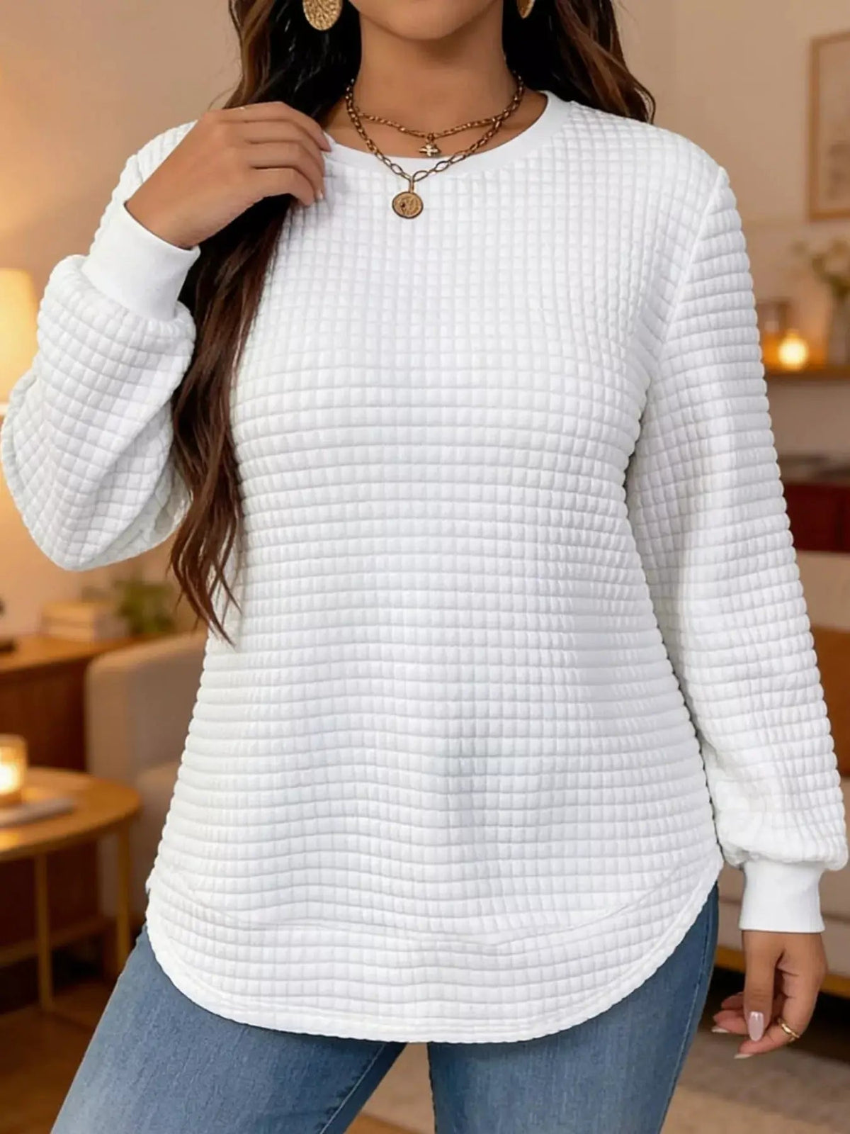 Plus Size White Waffle Knit Crew Neck Sweatshirt - Bitsy Gypsy Boutique