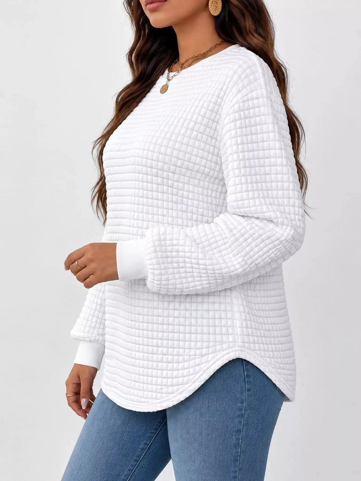 Plus Size White Waffle Knit Crew Neck Sweatshirt - Bitsy Gypsy Boutique