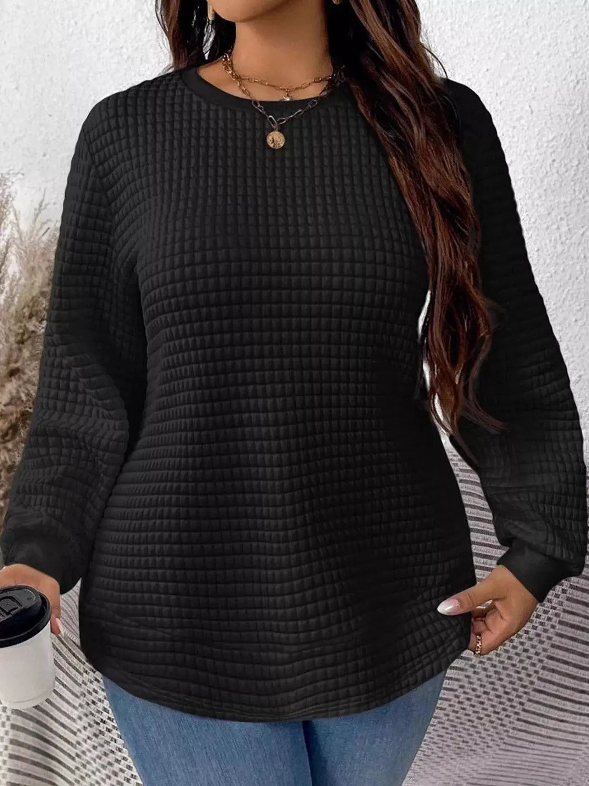 Plus Size White Waffle Knit Crew Neck Sweatshirt - Bitsy Gypsy Boutique