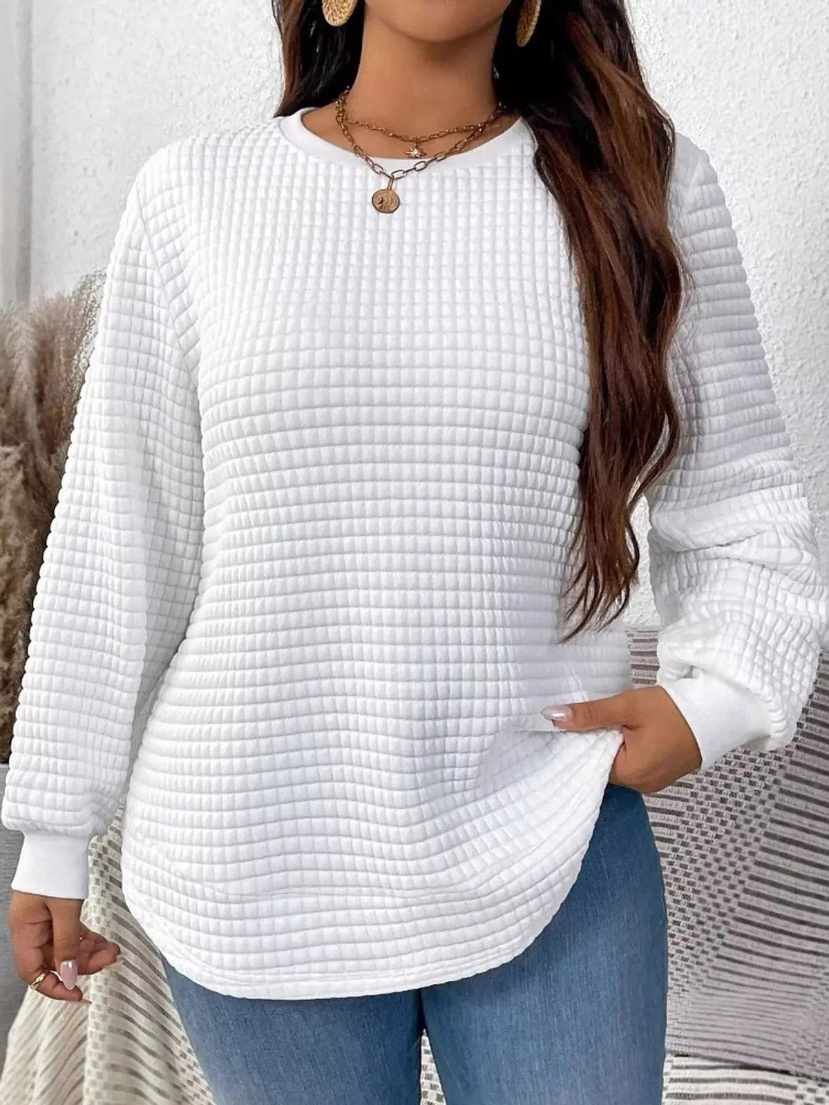 Plus Size White Waffle Knit Crew Neck Sweatshirt - Bitsy Gypsy Boutique