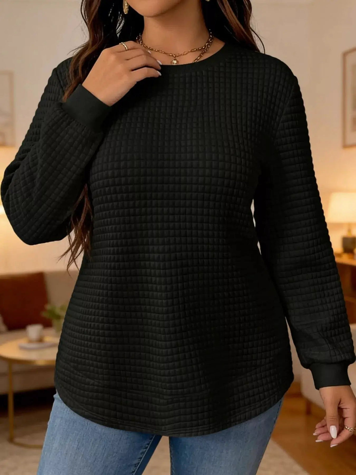 Plus Size White Waffle Knit Crew Neck Sweatshirt - Bitsy Gypsy Boutique