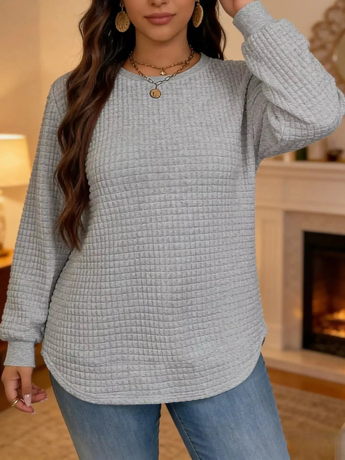 Plus Size White Waffle Knit Crew Neck Sweatshirt - Bitsy Gypsy Boutique