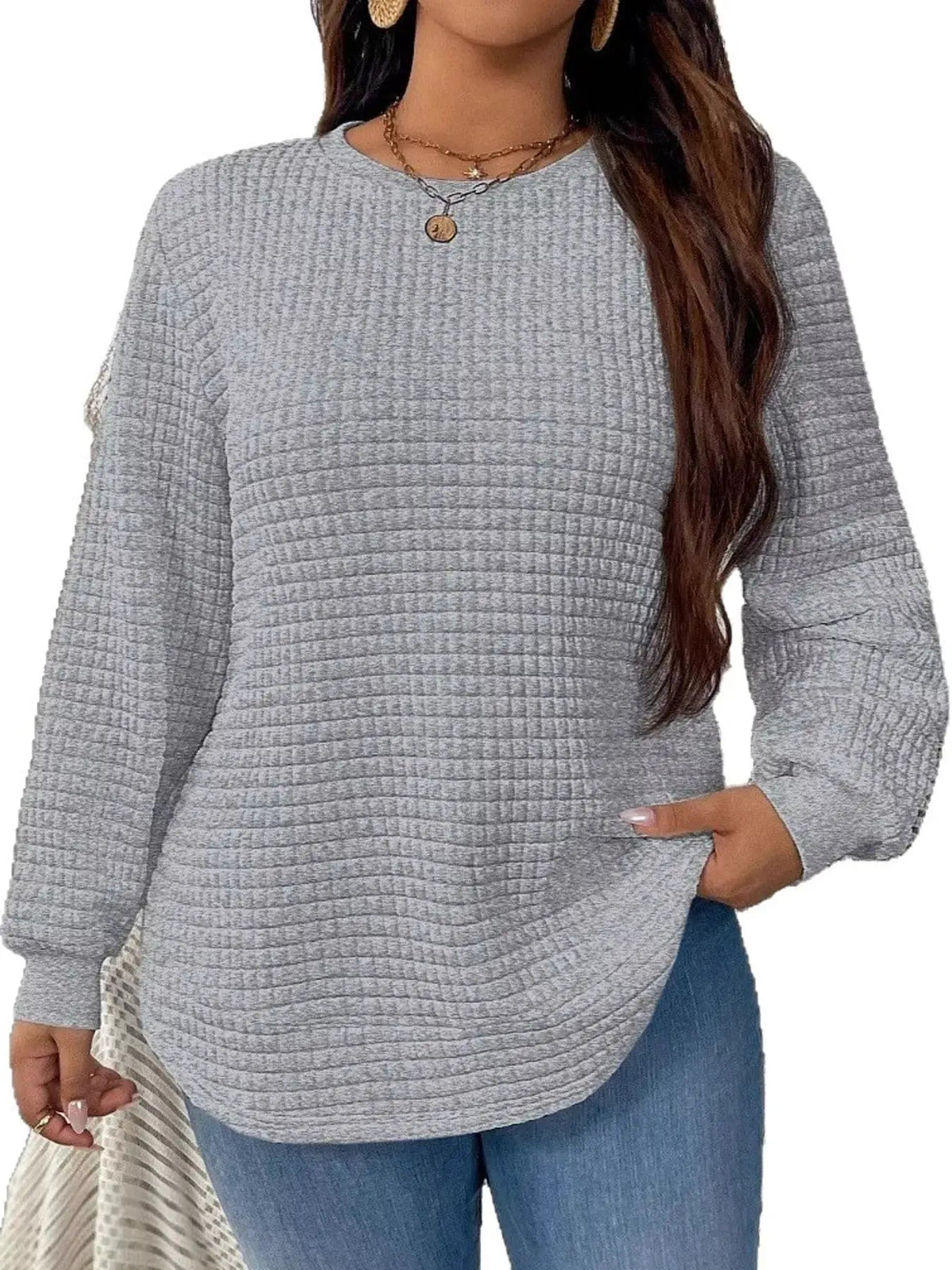 Plus Size White Waffle Knit Crew Neck Sweatshirt - Bitsy Gypsy Boutique
