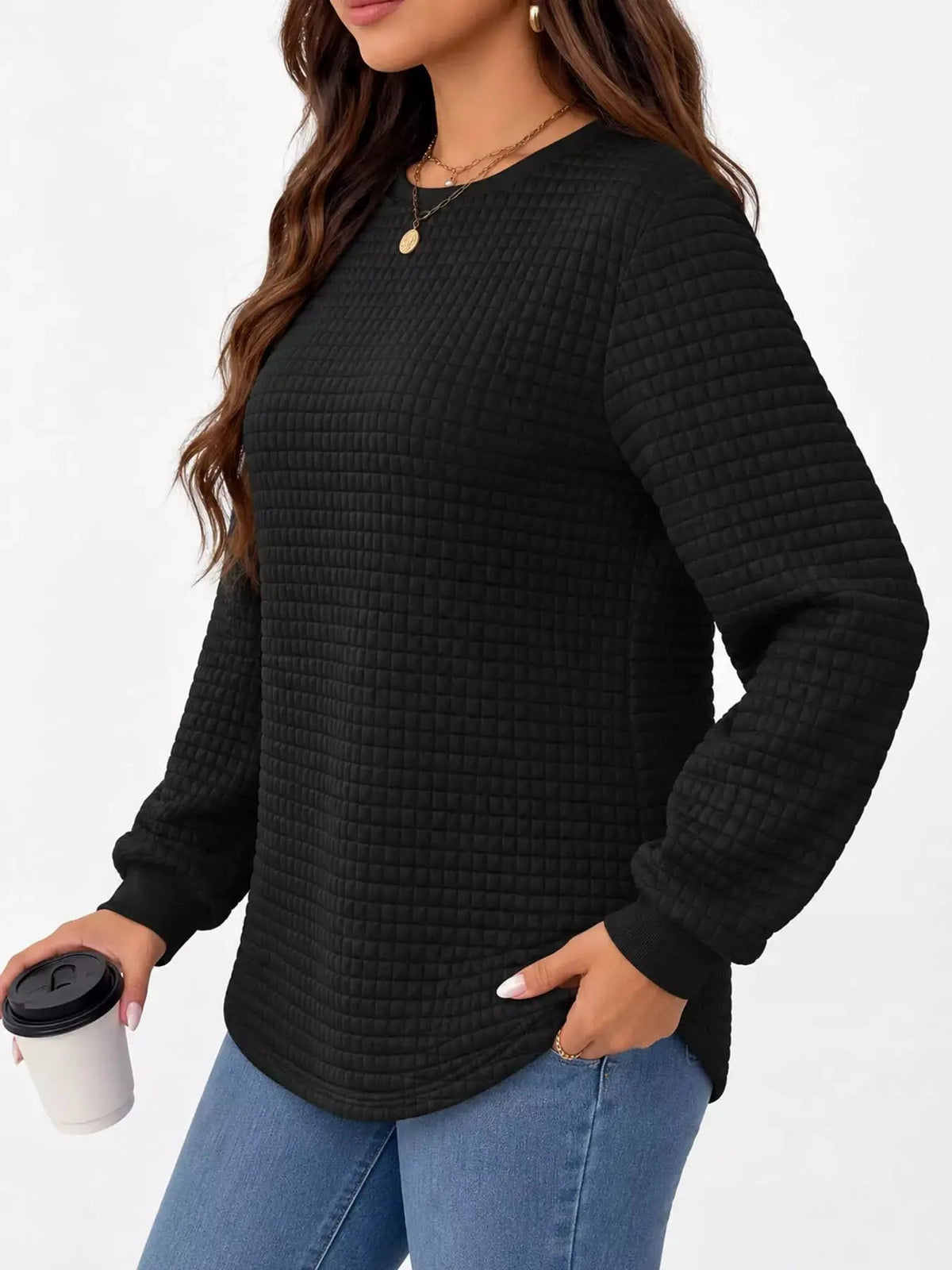 Plus Size White Waffle Knit Crew Neck Sweatshirt - Bitsy Gypsy Boutique