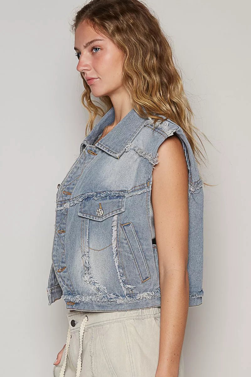 POL Assymetrical Front Closure Raw Hem Denim Vest - Bitsy Gypsy Boutique