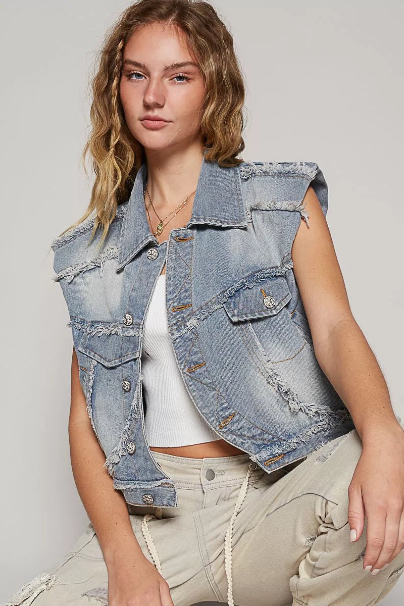 POL Assymetrical Front Closure Raw Hem Denim Vest - Bitsy Gypsy Boutique