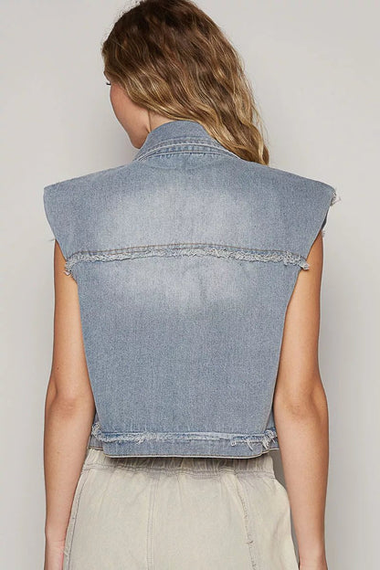 POL Assymetrical Front Closure Raw Hem Denim Vest - Bitsy Gypsy Boutique