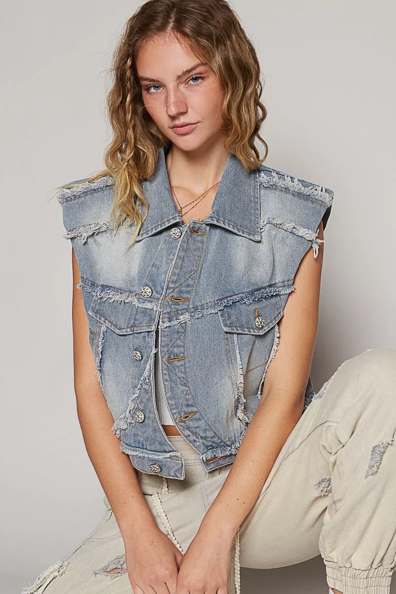 POL Assymetrical Front Closure Raw Hem Denim Vest - Bitsy Gypsy Boutique