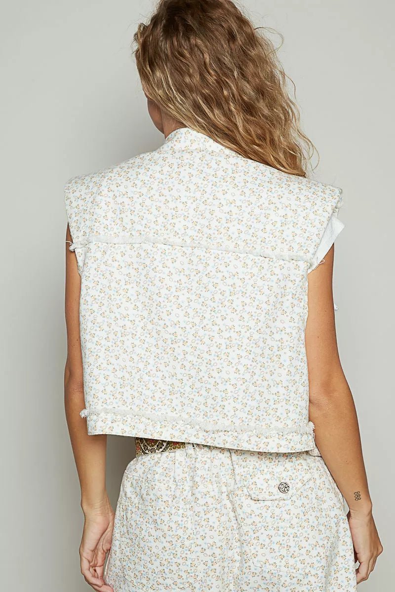 POL Assymetrical Front Closure Raw Hem Floral Denim Vest - Bitsy Gypsy Boutique