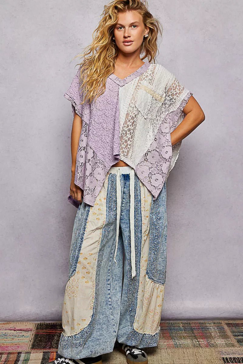 POL Asymmetrical V - Neck Short Sleeve Lace Top - Bitsy Gypsy Boutique