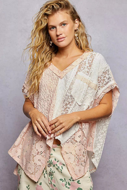 POL Asymmetrical V - Neck Short Sleeve Lace Top - Bitsy Gypsy Boutique