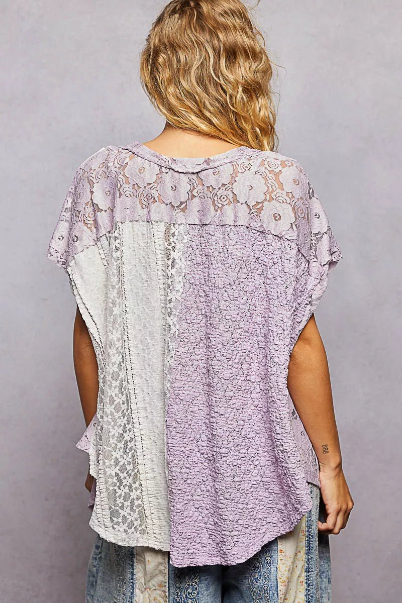 POL Asymmetrical V - Neck Short Sleeve Lace Top - Bitsy Gypsy Boutique
